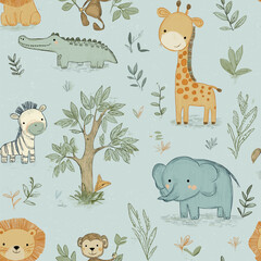 Fototapeta premium Safari animals pattern with giraffes, elephants, and lions on a light blue background. Cute cartoon jungle animals seamless pattern