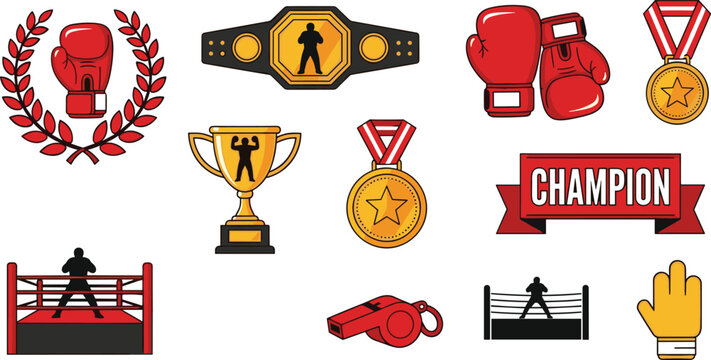 Boxing and Championship Vector Icon Set with Gloves Golden Belts Trophies Medals Rings Whistles and Winner Ribbons