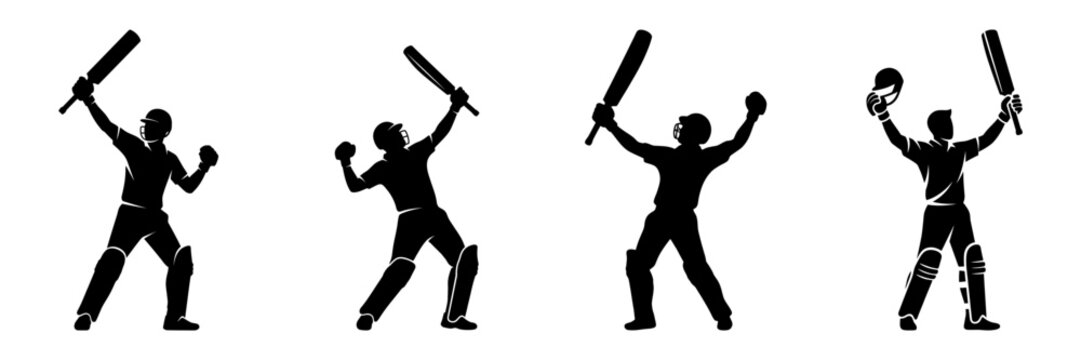 Cricket players set showing diverse batting poses and celebration silhouettes icon.