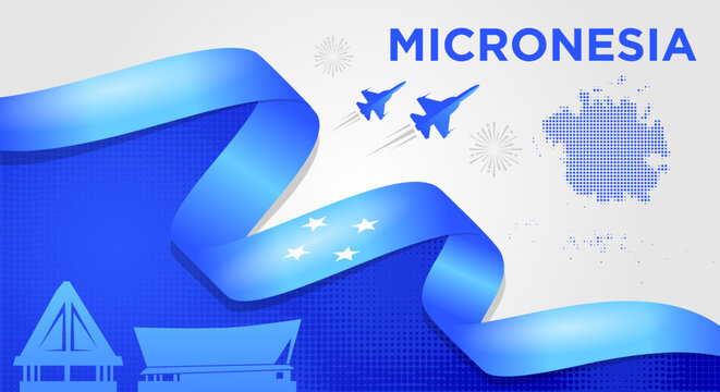 Micronesia National Day Background with Waving Flag Ribbon, Micronesia Map and Skyline Vector Illustration