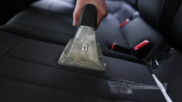 Professional Carpet Extractor Cleaning Dirty Car Seat Upholstery Interior With Soap Solution