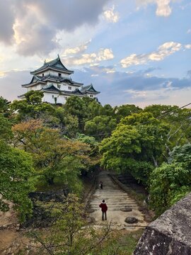 Wakayama Castle main tower with stone stairs and tourist in Japan
