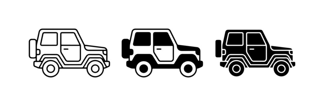 Off-road SUV Icons, Rugged 4x4 Vehicles, Adventure Transport Vector Set