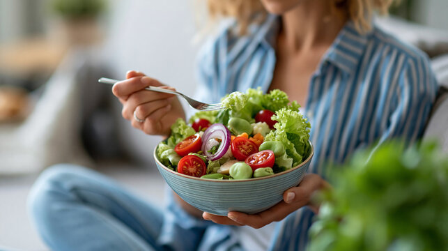 Anonymous woman eating a fresh vegetable salad while watching a wellness program on TV at home, healthy eating and mindful nutrition concept, faceless, defocused living room, with