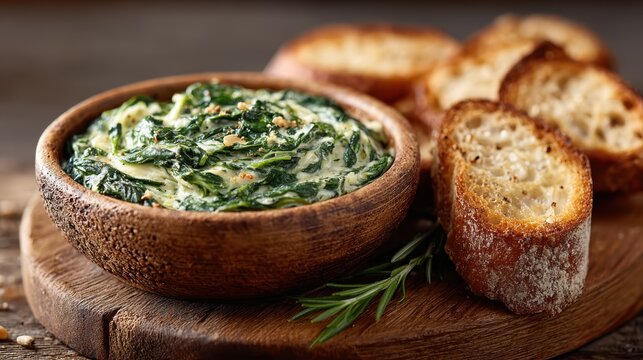 A wooden bowl filled with creamy spinach dip accompanied by crusty bread slices evokes warmth, comfort, and the joy of sharing good food with loved ones.