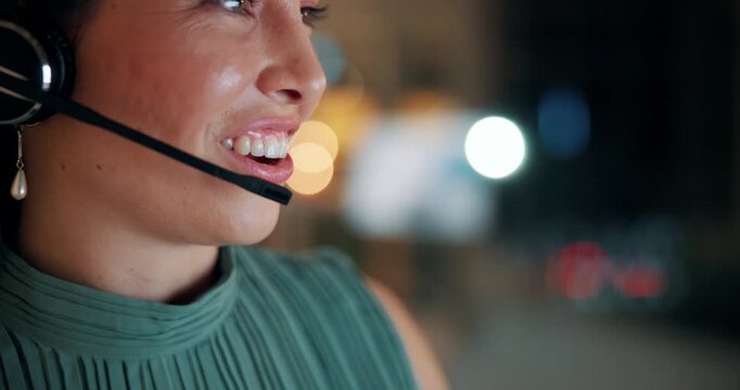 Headset, happy and businesswoman in office at night with multilingual advisory for global client. Bokeh, talking and female call center agent with mic for international customer support in workplace.