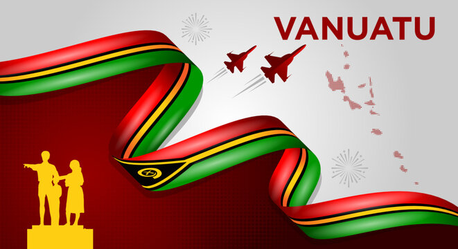 VaVanuatu National Day Background with Waving Flag Ribbon, Vanuatu Map and Skyline Vector Illustrationnuatu banner-10