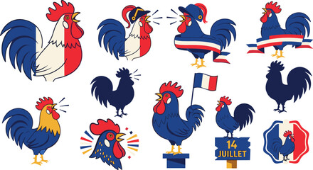 Gallic Rooster and France National Day Vector Icon Set with French Flags Ribbons Crowing Silhouettes Bastille Day Badges © Firoz