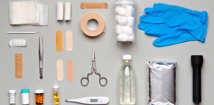 Flat lay of medical first aid kit supplies on a grey background with basic care medical gear gray background health safety emergency kit healthcare tools protective gloves medical treatm