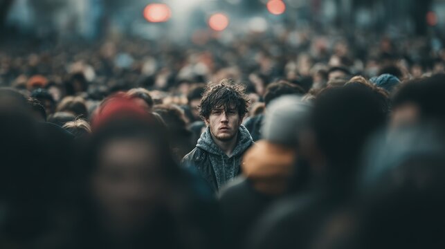 This image reveals a young man appearing contemplative amidst a bustling crowd, highlighting feelings of isolation and introspection within an energetic urban environment.