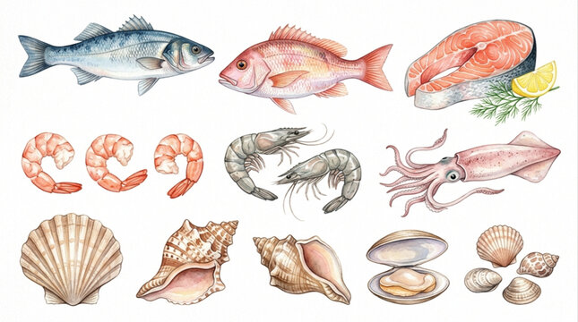 Beautifully Illustrated Assortment of Fresh Seafood Delicacies Ready for Culinary Preparation