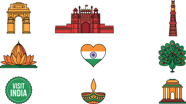 India Landmarks and Culture Vector Icon Set with Red Fort Lotus Temple Peacocks Diya Lamps and Tourism Badges