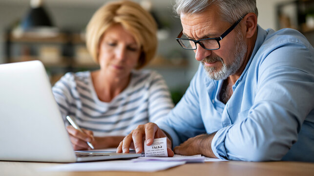 Senior couple reviewing bills and financial documents on a laptop at home, retirement budget stress and rising expenses concept, faceless, defocused domestic interior, with copy