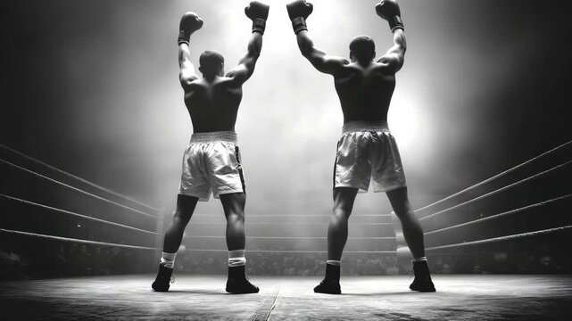 Two boxers prepare for a match in an arena filled with excitement and bright lights focusing on the ring