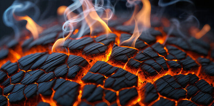 Burning charcoal briquettes with flames and smoke texture background charcoal barbecue abstract background combustion ignition contrast close-up
