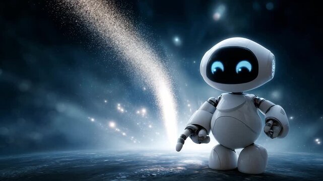 A small robot points at stars in a dark space environment while bright light shines in the background