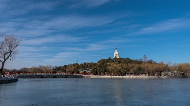 White Dagoba above frozen lake in Beihai Park, Beijing, China
