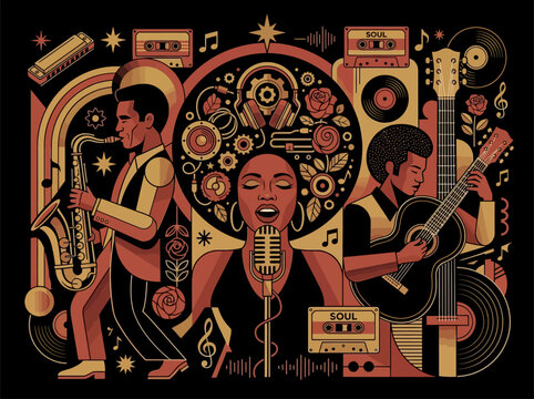 Vintage Soul and Jazz Music Illustration Featuring a Singer, Saxophonist, and Guitarist with Retro Elements like Vinyl Records and Cassettes in a 70s Graphic Art Style.