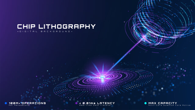 Abstract digital technology background with a glowing chip lithography laser, showing a future smart industry concept and advanced semiconductor manufacturing. Vector illustration.