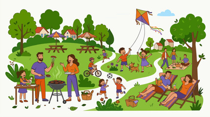 Fototapeta premium Flat Vector Illustration Family Picnic Park Summer Outdoor Activities Commercial Use