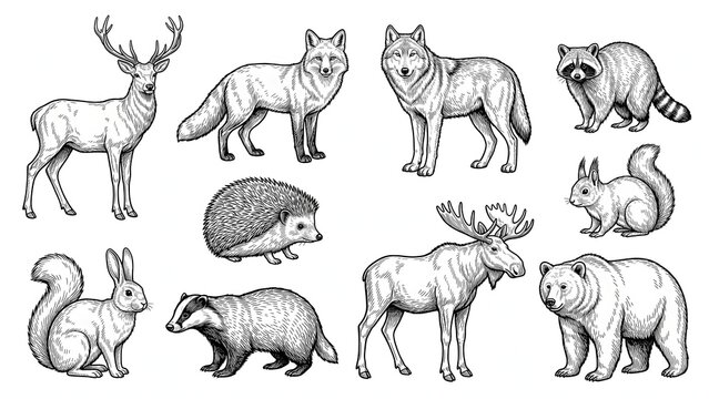 Forest wildlife and woodland animals line art engraving for coloring page