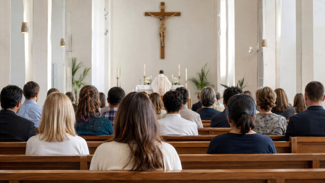 Group of man and woman sitting in church during catholic mass. Congregation praying in cathedral. Religious community attending sermon. Spiritual gathering for worship in sanctuary space.