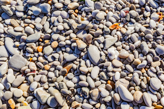 Close up view of small wet pebbles on a beach