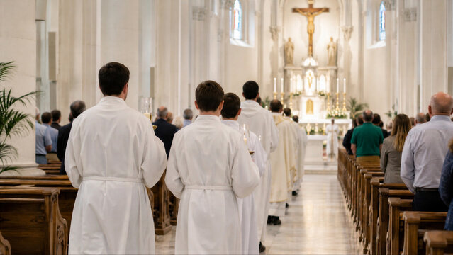Altar servers in white vestment walking down church aisle during Catholic mass. Men and young man holding candle during religious procession at cathedral. Faith and christian ritual.