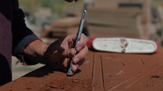 Close-up of a traditional stonemason using a hammer and chisel to carefully carve detailed lines into an Ahlat stone (volcanic tuff). Historical stonework and craftsman's precision process.