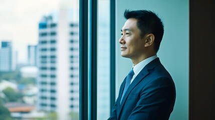 Fototapeta premium Confident businessman in suit contemplating city skyline from modern office window
