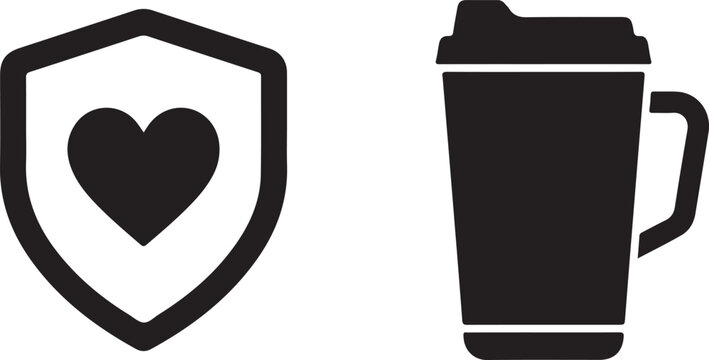 Shield heart icon set. Travel tumbler mug vector illustration. Heart protection symbol. Insulated coffee cup silhouette. Minimalist flat design icon collection. Black and white graphic elements. Love 
