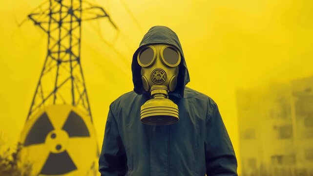A person with a gas mask stands in a yellow environment close to power lines and a radiation symbol