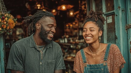 Fototapeta premium A joyful couple shares a laugh in an eclectic cafe, illustrating the warmth of companionship and the value of shared moments in a vibrant social environment.