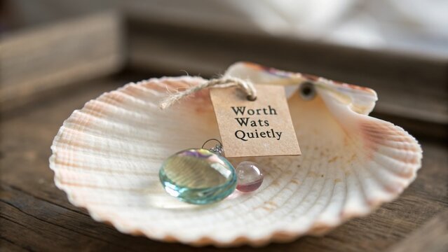 Inspirational shell display with elegant gems and a handwritten tag promoting the message of appreciating quiet moments in life