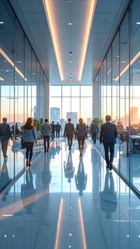 A group of business professionals walk down a modern office hallway with large windows overlooking a city skyline.