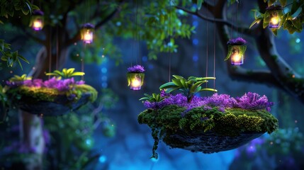 Obraz premium Enchanted floating gardens with glowing lanterns in a magical forest at twilight, shimmering with vibrant plants and colors