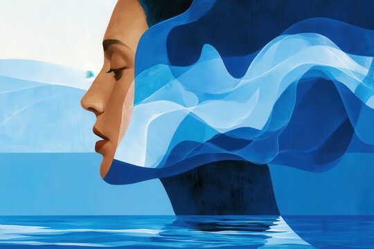 Blue abstract profile of a woman with layered wave silhouettes and ocean reflections conveying calm