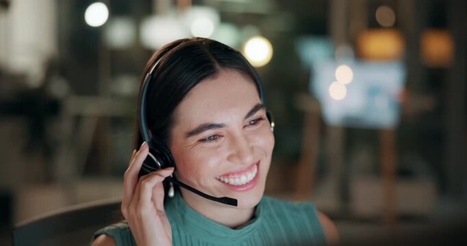 Headset, call center and consultant in office at night with multilingual advisory for global client. Bokeh, woman and technical support agent with mic for international help desk or customer service.