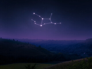 Virgo constellation in the dawn sky. Astrological landscape with zodiac sign. Bright stars over the hills. © Nazarii