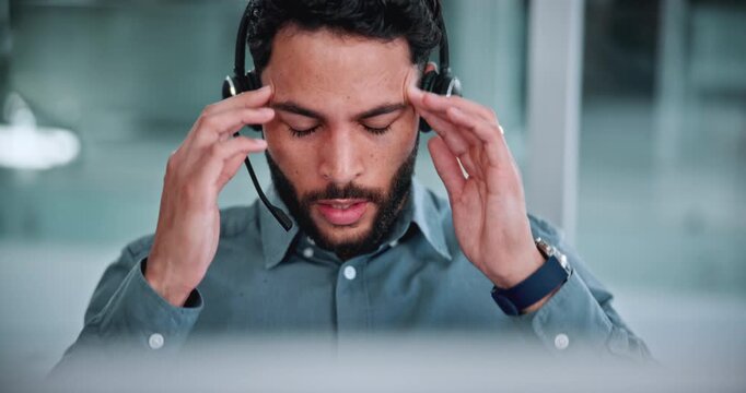 Computer, agent and headache or eye strain in call center for difficult client, burnout and tired. Customer service, headset or man with tension migraine for technical issue, vision fatigue or stress