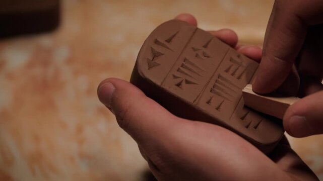 Macro shot of ancient characters being engraved into a clay tablet by hand.