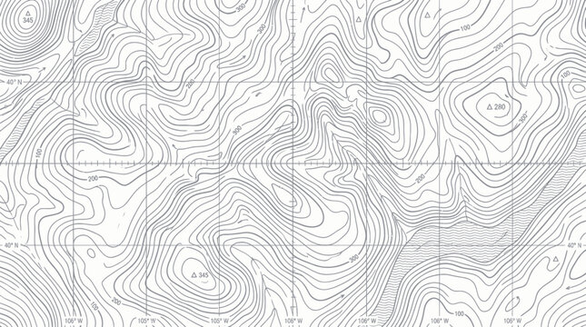 Topographic Contour Map of Mountainous Terrain with Grid Lines and Elevation Marks