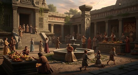 Naklejka premium Ancient marketplace scene with people gathered around a fountain and fruit vendors in a historic setting