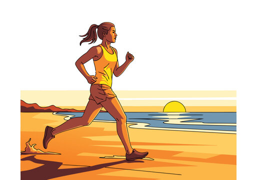 Dynamic vector illustration of a young woman jogging on a scenic beach at sunset, depicting an active and healthy lifestyle