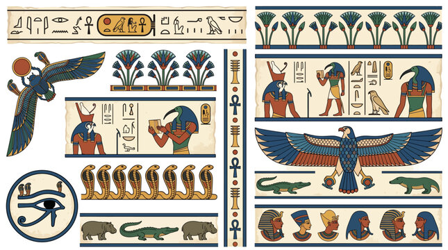 Ancient Egyptian Pharaonic Hieroglyph Border Frame Vector Set with Cartouche Scarab Lotus Papyrus Horus Thoth Uraeus Ankh Eye of Ra and Sacred Design