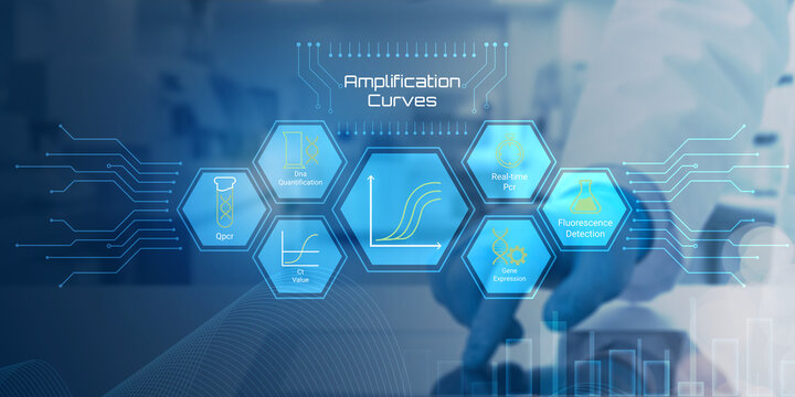 Modern digital illustration showing PCR amplification curves with key stages like quantification cycle and fluorescence detection