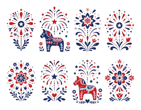 Scandinavian folk art inspired fireworks and horse illustrations