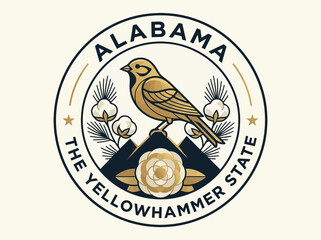 Alabama State Emblem Featuring Yellowhammer Bird, Camellia Flower, and Cotton Bolls Vintage Circular Logo Design © Tika