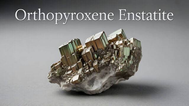 Orthopyroxene enstatite mineral specimen with crystalline structure and metallic luster on a gray surface