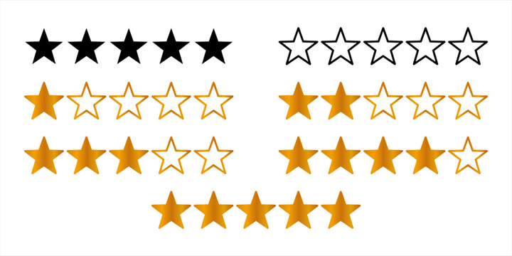 Five Star Rating Icon Set for Reviews, Feedback, Customer Satisfaction, Product Evaluation, Mobile Apps and Websites